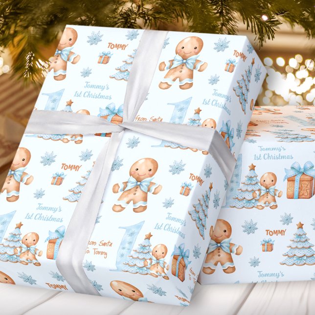First Christmas Gingerbread Man Boy Blue Name Text Wrapping Paper (First Christmas Gingerbread Man Boy Blue Name Text Wrapping Paper)
