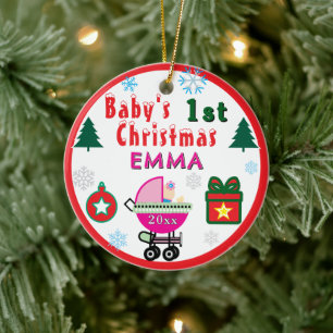 First Christmas Girl Pink Name PHOTO Ceramic Tree Decoration
