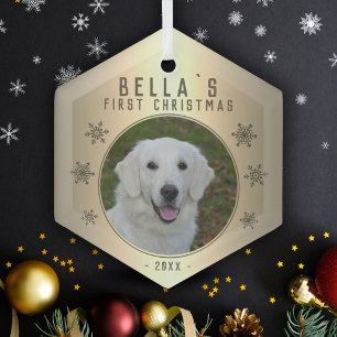 First Christmas Golden Snowflake Dog Photo Glass Tree Decoration