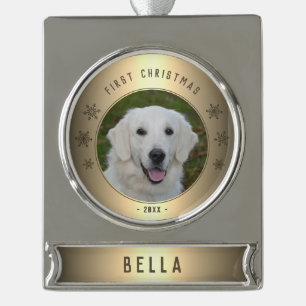 First Christmas Golden Snowflake Puppy Photo Ceram Silver Plated Banner Ornament
