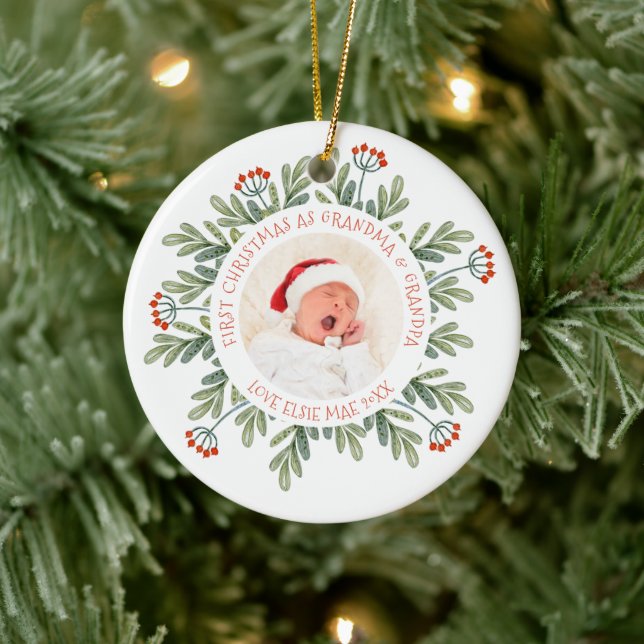 First Christmas Grandma Grandpa Photo Names Leaves Ceramic Tree Decoration (Tree)