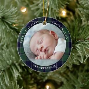 First Christmas Grandparent Blue Green Plaid Photo Ceramic Tree Decoration