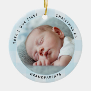 First Christmas Grandparent Green Blue Check Photo Ceramic Tree Decoration