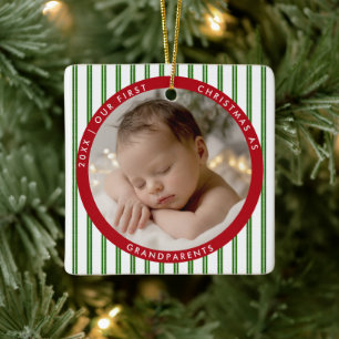First Christmas Grandparent Red Green Stripe Photo Ceramic Ornament