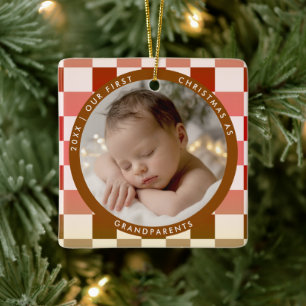 First Christmas Grandparent Retro Chequered Photo Ceramic Ornament
