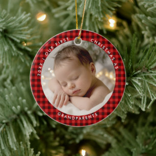 First Christmas Grandparents Buffalo Checks Photo Ceramic Tree Decoration