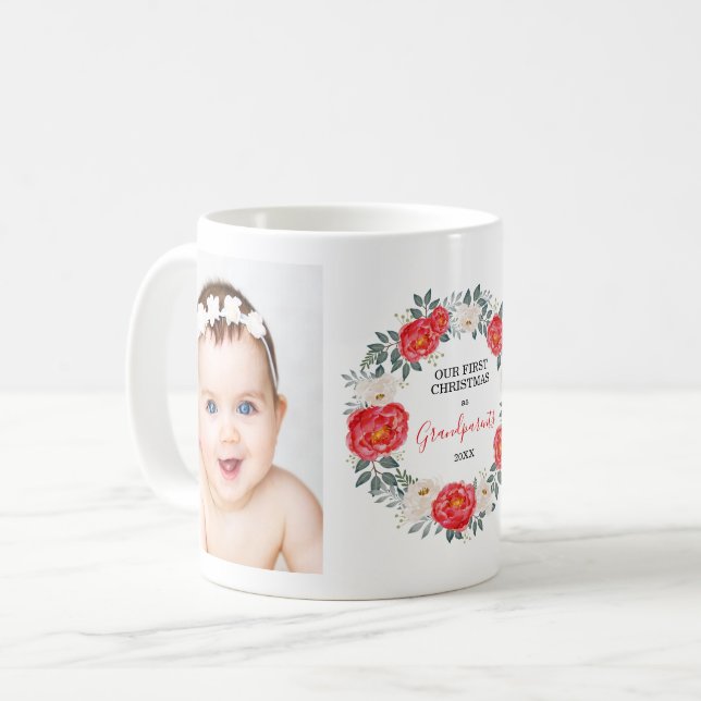 First Christmas Grandparents Floral Photo Holiday Coffee Mug (Front Left)