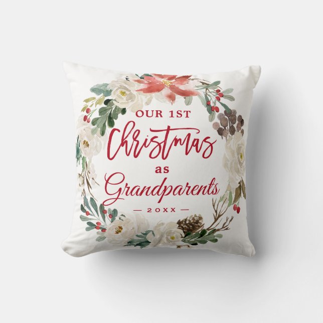 First Christmas Grandparents Floral Wreath Photo Cushion (Front)