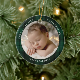 First Christmas Grandparents Green Plaid Photo Ceramic Tree Decoration