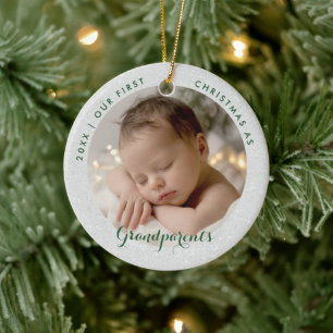 First Christmas Grandparents Green Script Photo Ceramic Tree Decoration