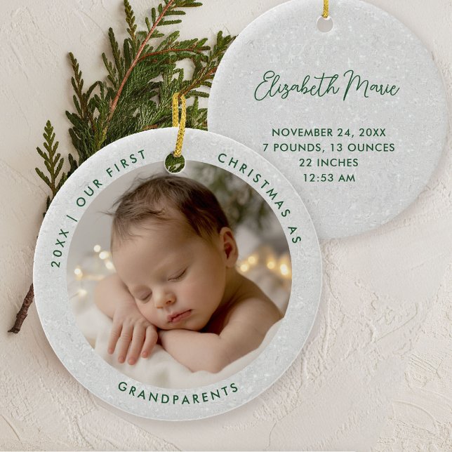 First Christmas Grandparents Minimal Green Photo Ceramic Tree Decoration (first christmas grandparents photo ornament gift modern simple minimal typography white green)