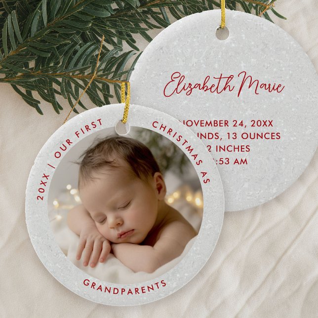 First Christmas Grandparents Minimal Red Photo Ceramic Tree Decoration (first christmas grandparents photo ornament gift modern simple minimal typography white red)