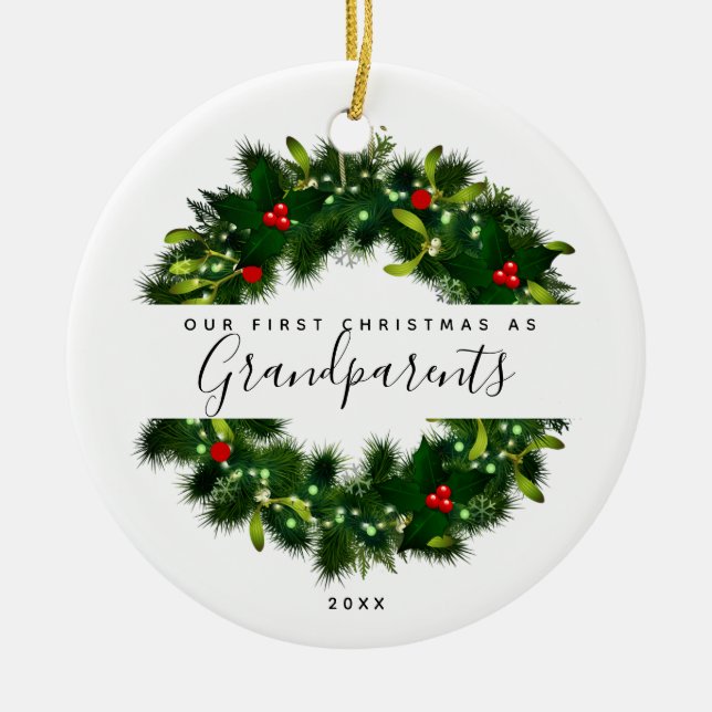 First Christmas Grandparents Modern Wreath Custom Ceramic Tree Decoration (Front)