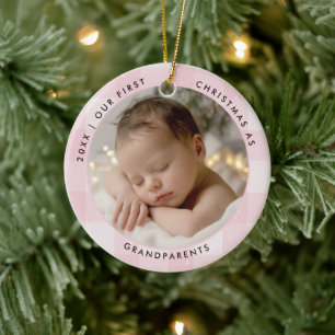 First Christmas Grandparents Pink Checks Photo Ceramic Tree Decoration