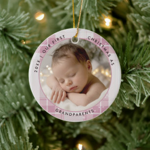 First Christmas Grandparents Pink Plaid Chic Photo Ceramic Tree Decoration