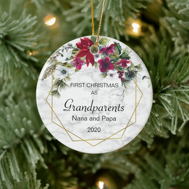 First Christmas Grandparents Poinsettia Pine Photo Ceramic Tree Decoration (Tree)