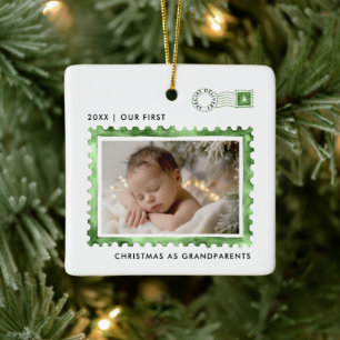 First Christmas Grandparents Postage Green Photo Ceramic Ornament