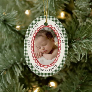 First Christmas Grandparents Red Drawn Oval Photo Ceramic Tree Decoration