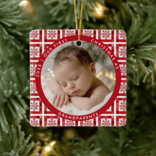 First Christmas Grandparents Red Quilt Patch Photo Ceramic Ornament