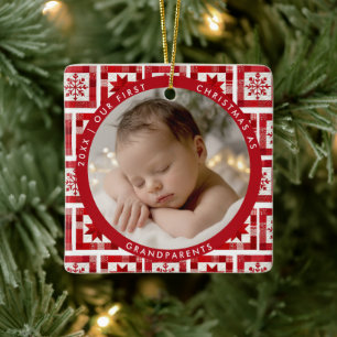 First Christmas Grandparents Red Quilt Stats Photo Ceramic Ornament
