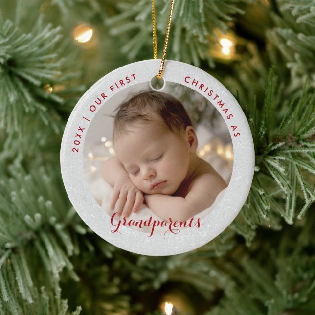 First Christmas Grandparents Red Script Photo Ceramic Tree Decoration (Tree)
