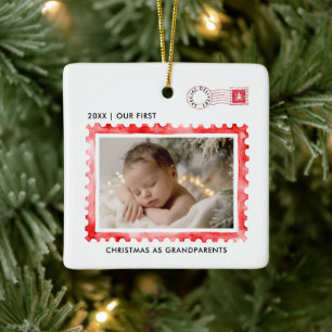 First Christmas Grandparents Red Stamp Post Photo Ceramic Ornament