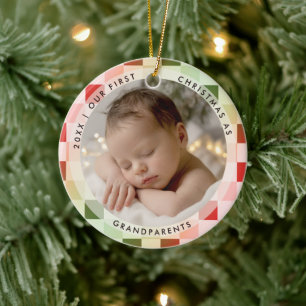 First Christmas Grandparents Retro Chequered Photo Ceramic Tree Decoration