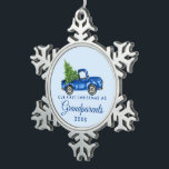 First Christmas Grandparents Vintage Blue Truck Snowflake Pewter Christmas Ornament<br><div class="desc">Our First Christmas Grandparents Watercolor Vintage Truck with Christmas Tree Ornament - Blue Background,  Snowflake shape</div>
