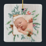 First Christmas Grandparents Winter Greenery Photo Ceramic Ornament<br><div class="desc">First Christmas as Grandma & Grandpa with Christmas greenery, holly berries and pine cones. Personalised with date and your beautiful photo framed in lush, winter greenery. Our high quality template makes it so easy for you to personalise your special ornament. Ornament makes a lovely gift that will be treasured for...</div>