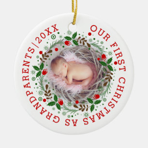 First Christmas grandparents wreath photo Ceramic Tree Decoration
