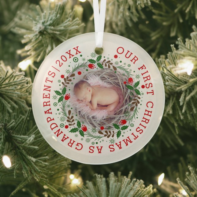First Christmas grandparents wreath photo Glass Tree Decoration (Insitu)