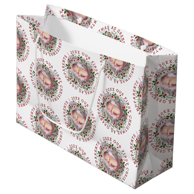 First Christmas grandparents wreath photo Large Gift Bag (Front Angled)