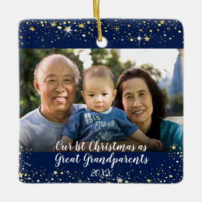 First Christmas Great Grandparents 2 Photo Stars Ceramic Ornament (Front)