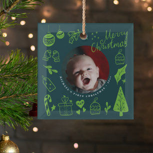 First Christmas Green Cute Hand Drawn Doodles Glass Tree Decoration