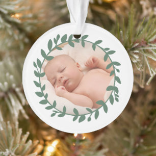 First Christmas Green Leafy Border Baby Photo Ornament
