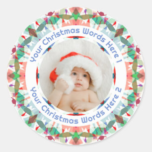 First Christmas Green Pink Blue Photo Envelope Classic Round Sticker