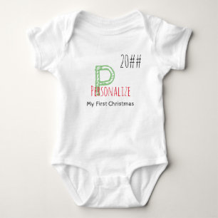 First Christmas Green Red Editable Monogram Baby Bodysuit