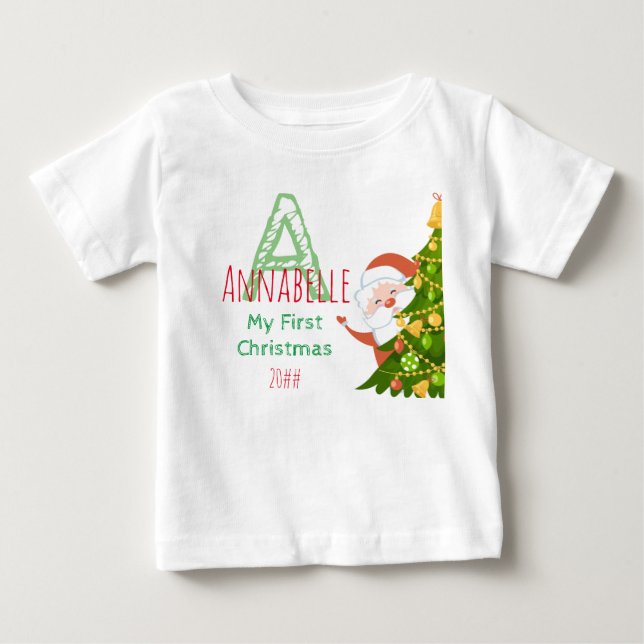 First Christmas Green Red Editable Monogram Baby T-Shirt (Front)