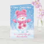 First Christmas | Greeting Card Baby Girl<br><div class="desc">Send out this beautiful card in pink and white colours with cute baby snowman to congratulate your little baby girl with First Christmas. You can personalise the name on the front page and change wording to your own text inside of the card by clicking "PERSONALIZE" option. Thank you for visiting...</div>