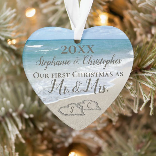 First Christmas Heart Beach Wedding Mr Mrs Ornament (Tree)