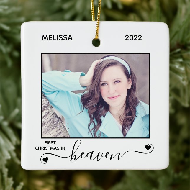 First Christmas Heaven Simple 2 Photo Memorial Ceramic Ornament (Creator Uploaded)