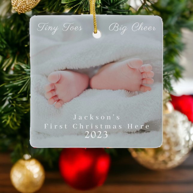 First Christmas Here Photo Newborn Cute Baby Toes Ceramic Ornament (Creator Uploaded)