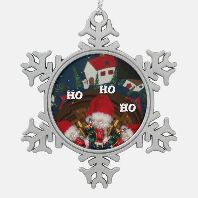 First Christmas HoHoHo Santa Special Happy Holiday Snowflake Pewter Christmas Ornament (Front)