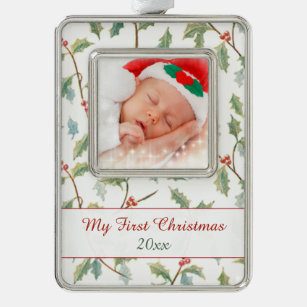 First Christmas Holly and Custom Photo Silver Plated Framed Ornament