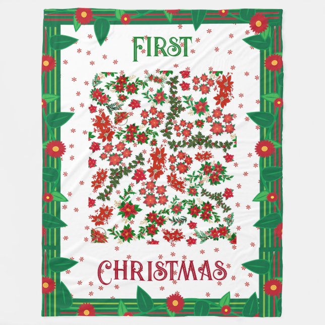 First Christmas Holly Poinsettia Floral Winter  Fleece Blanket (Front)