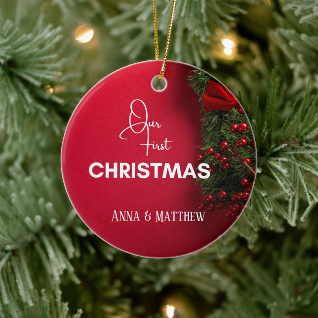 First Christmas Holy Berries Name Personalised Ceramic Tree Decoration (Tree)