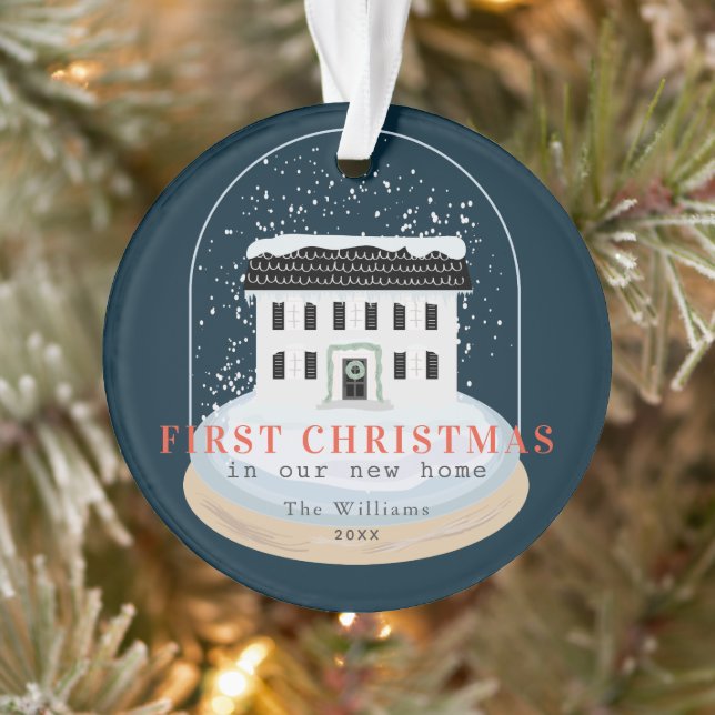 First Christmas Home Snow Globe Navy Holiday Photo Ornament (Tree)