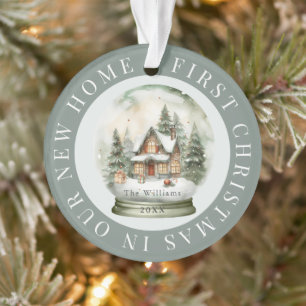 First Christmas Home Snow Globe Sage Green Photo Ornament