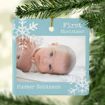 First Christmas Ice Blue Custom Photo Snowflakes Ceramic Ornament<br><div class="desc">Customise this ornament with your family photo and add your family name along with the year for this great Christmas keepsake.</div>