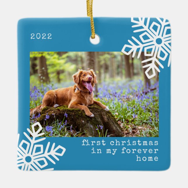 First Christmas In My Forever Home Dog Photo Ceramic Ornament (Front)
